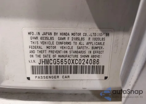 1999 Honda Accord Ex z USA, uszkodzony, nr VIN JHMCG5650XC024086